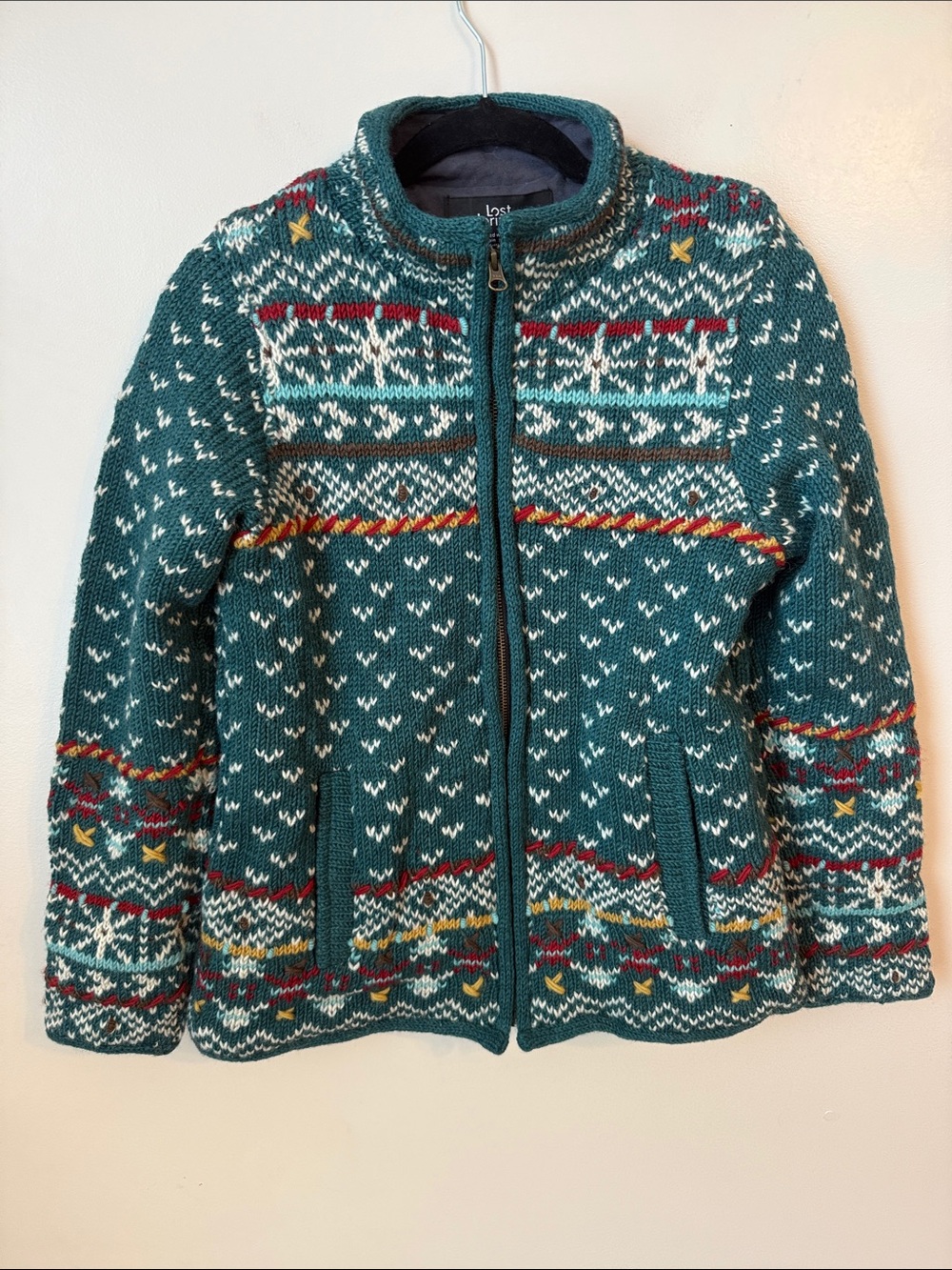 Lost Horizons Nordic Cardigan 100% Wool‎ Knit Jacket Medium Handmade in Nepal